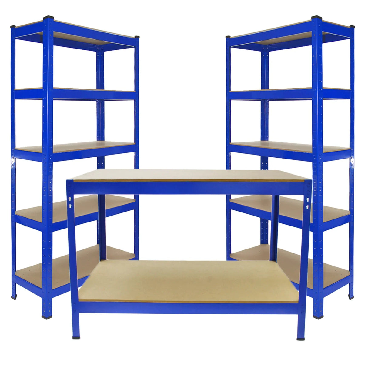Blue metal storage workbench with two tall shelving units, featuring sturdy MDF shelves and a durable design for organization and workspace