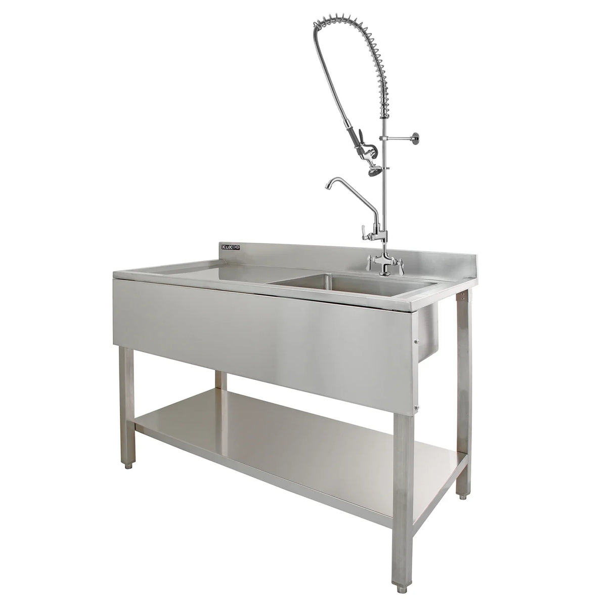 Stainless steel commercial sink with left hand drainer, pre-rinse tap, and sturdy under-shelf for efficient kitchen use