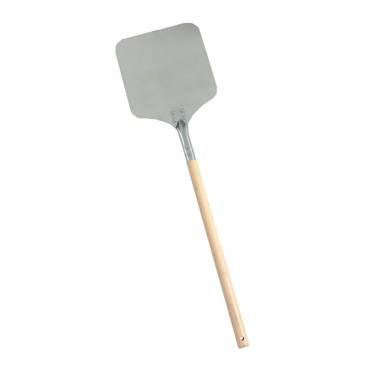 Stainless steel 9” pizza peel with a smooth surface and a long wooden handle, ideal for transferring pizzas to and from the oven