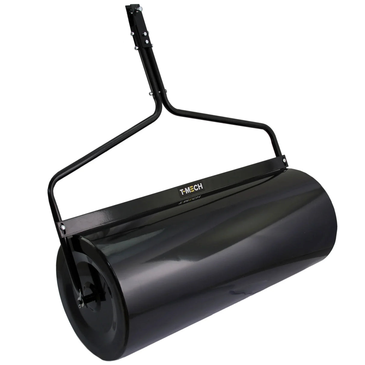 T-Mech 120L towable garden roller with a glossy black cylindrical drum and sturdy black metal frame for effective lawn leveling