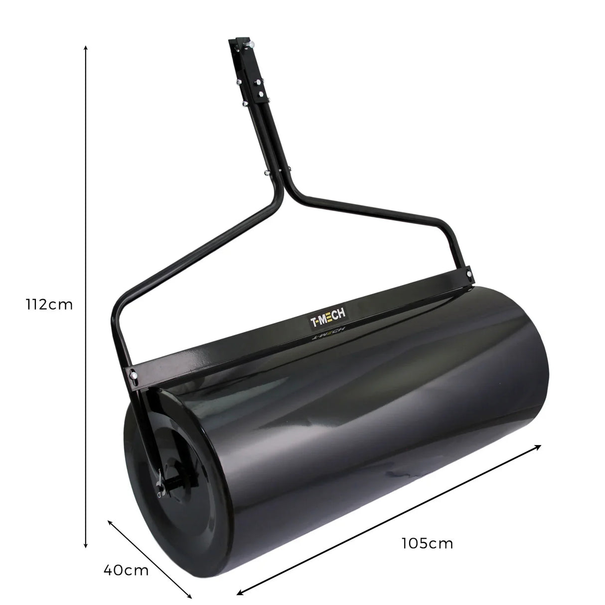 T-Mech 120L towable garden roller with a glossy black cylindrical drum, sturdy metal frame, and adjustable handle for easy maneuvering