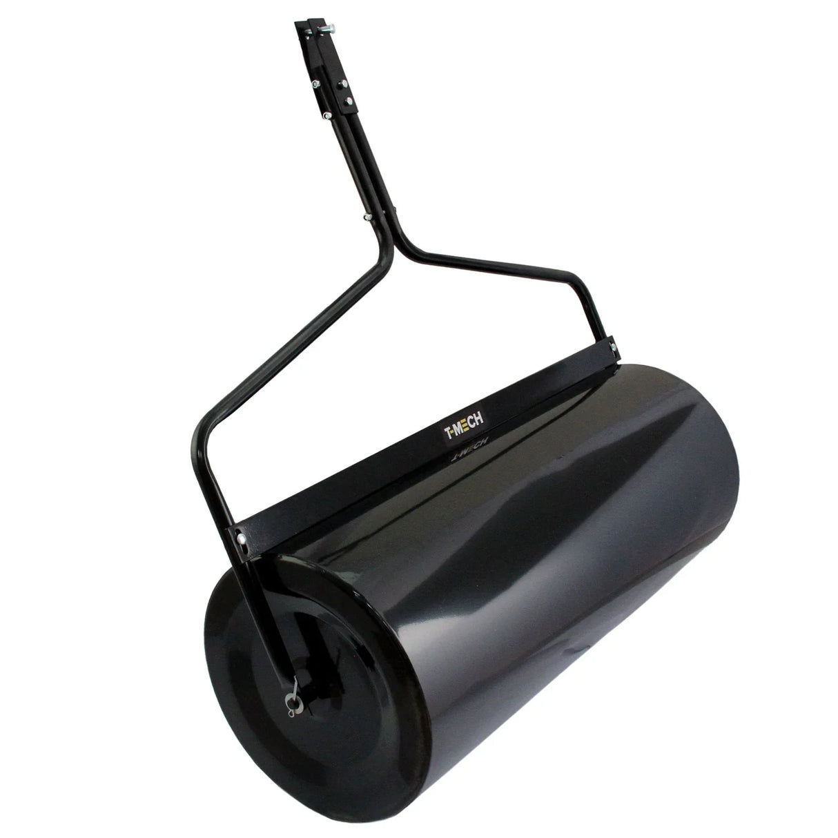 T-Mech 120L Towable Garden Roller featuring a sturdy black steel drum and a durable metal frame for efficient lawn leveling and soil compaction