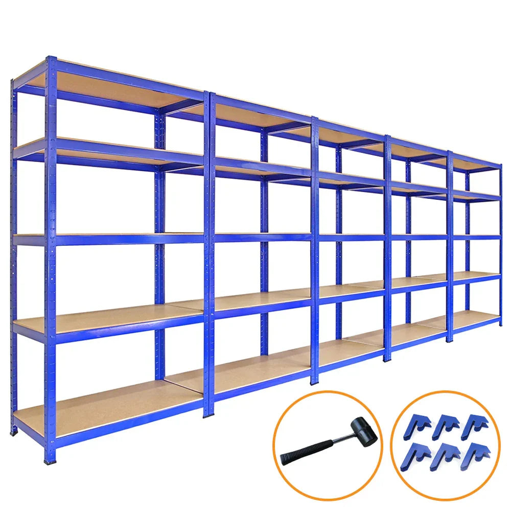 Blue metal storage racks, 5 x 90cm, featuring sturdy shelves, 4200kg capacity, with free bay connectors and mallet included