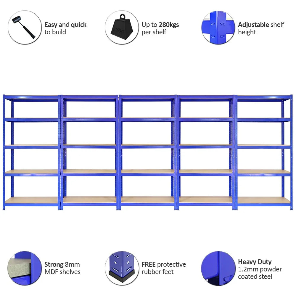 5 blue T-Rax racking connectors with adjustable shelves, sturdy 1.2mm powder-coated steel, and strong 8mm MDF shelves for heavy-duty use
