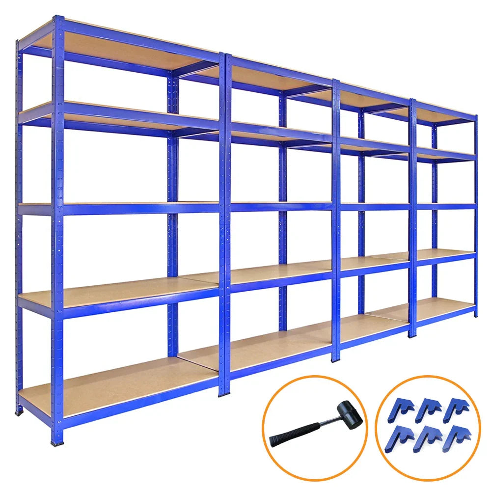Four blue storage racks, each 90cm wide, featuring sturdy shelves, a 4200kg capacity, and included connectors and mallet