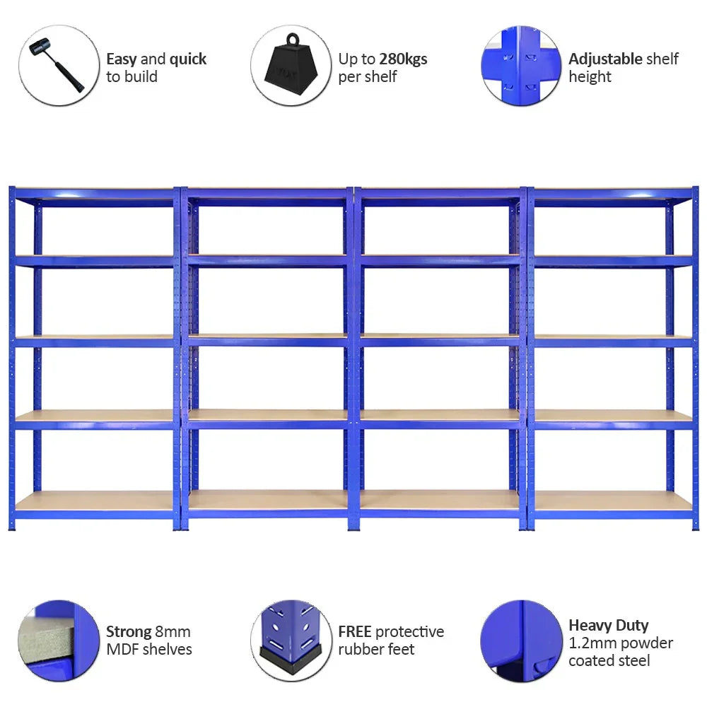 Four blue storage racks, each 90cm tall, featuring adjustable MDF shelves, heavy-duty steel frame, and free connectors included