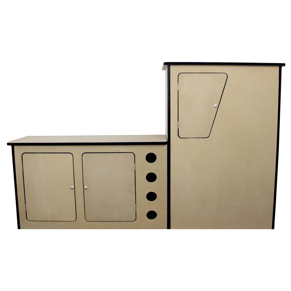 MDF camper van kitchen unit featuring a sleek design with a light wood finish, two cabinets, and a compact vertical storage space