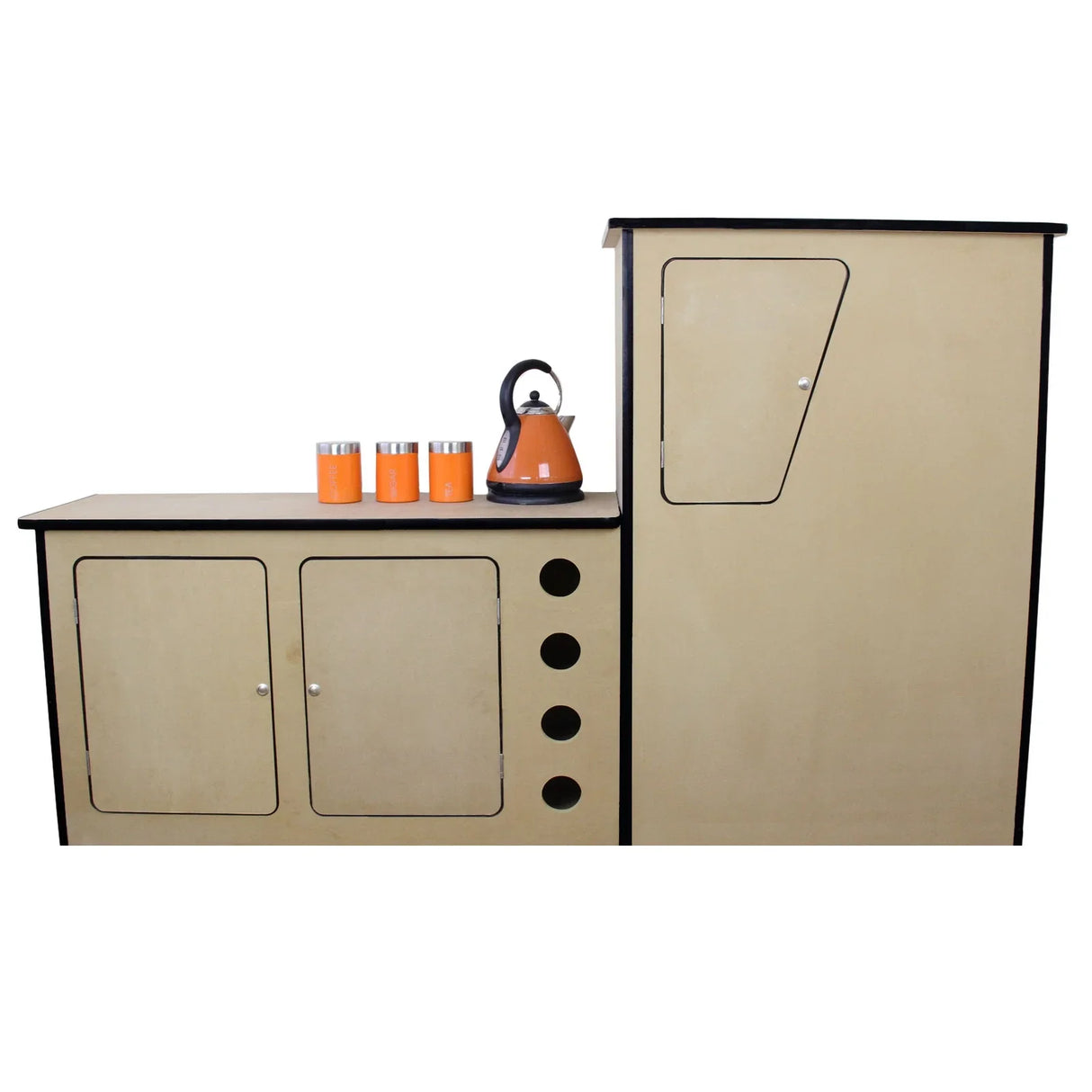 MDF camper van kitchen unit in light wood with black edges, featuring a fridge, storage cabinets, and an orange kettle on top