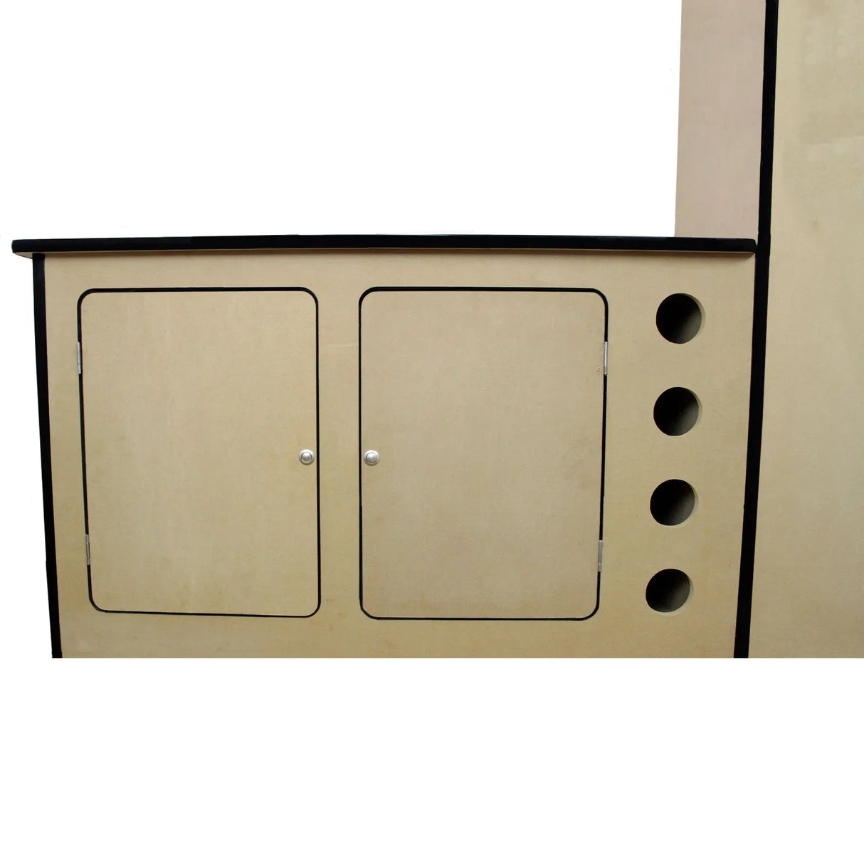 MDF camper van kitchen unit featuring a sleek design, natural wood finish, two cabinet doors, and three circular cutouts for ventilation