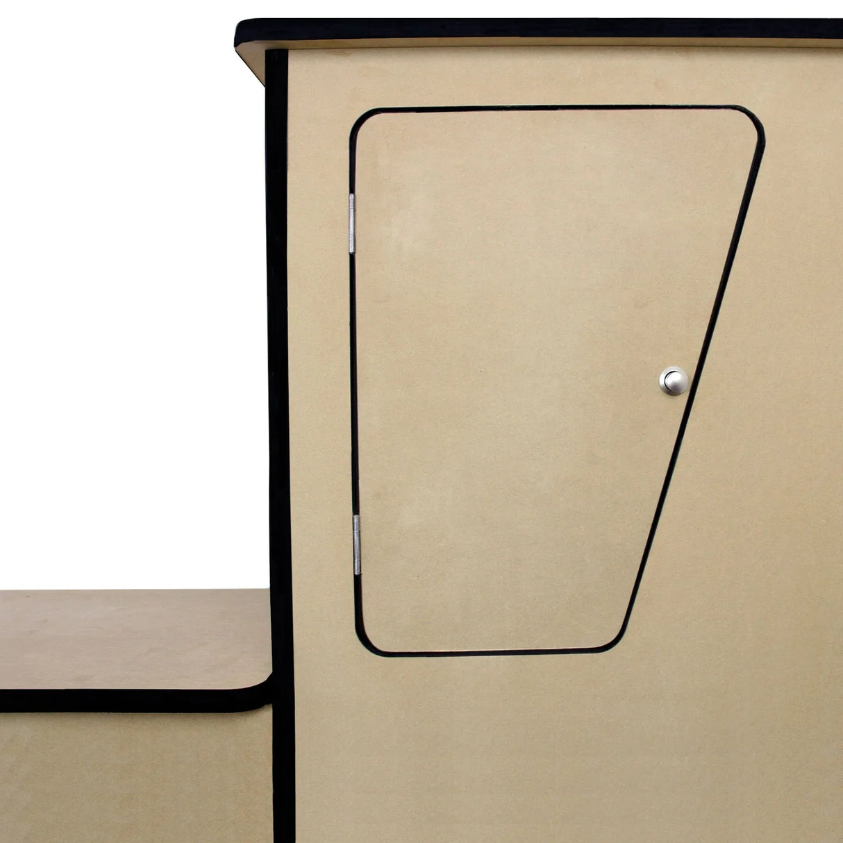 MDF Camper Van Kitchen Unit featuring a sleek, minimalist design with a light wood finish and a distinctive angled door handle