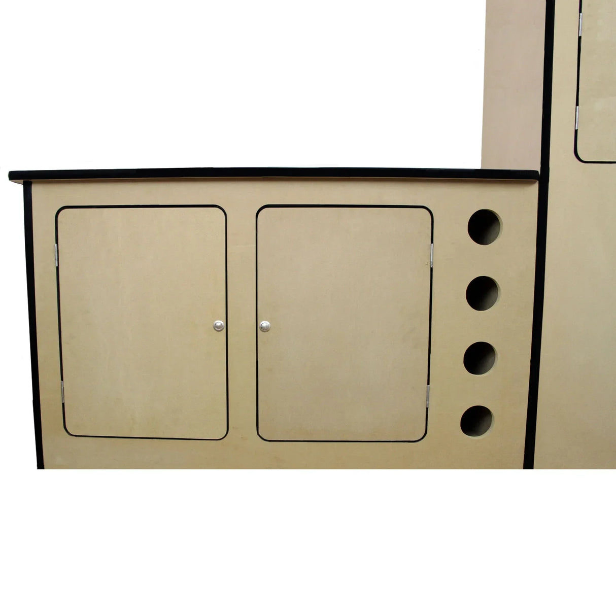 Silver grey camper kitchen with smooth wood finish, two cabinet doors, and three circular cutouts for ventilation