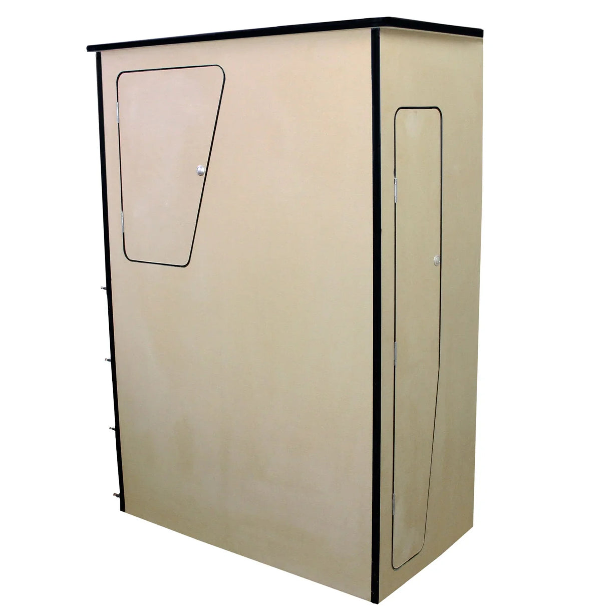 MDF camper van kitchen unit with a sleek, minimalist design, featuring a smooth beige finish and black trim, ideal for compact spaces