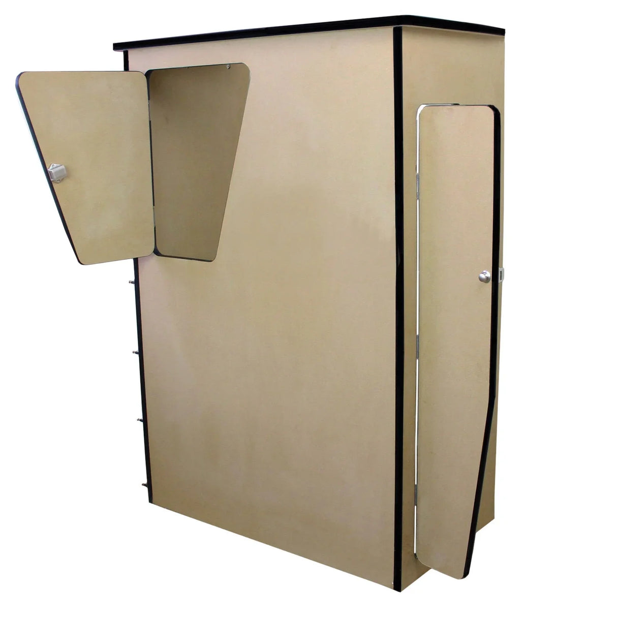 MDF Camper Van Kitchen Unit in a sleek design, featuring a smooth beige finish, two doors, and black edging for a modern look