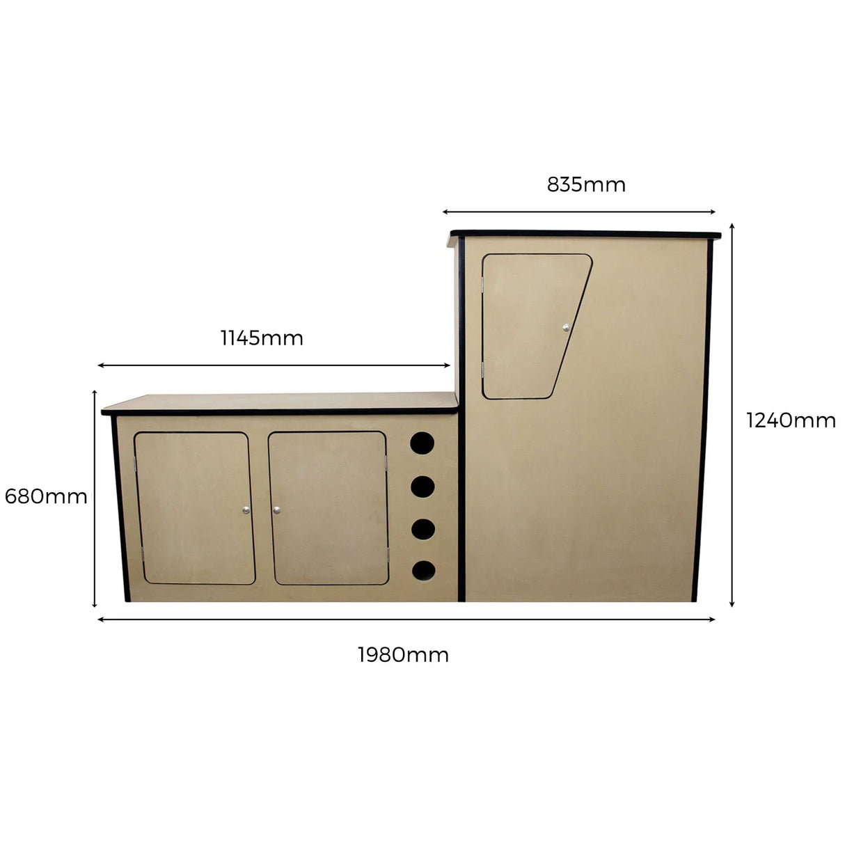 Black camper kitchen unit with dimensions, featuring a sleek design, storage cabinets, and a compact layout for vans