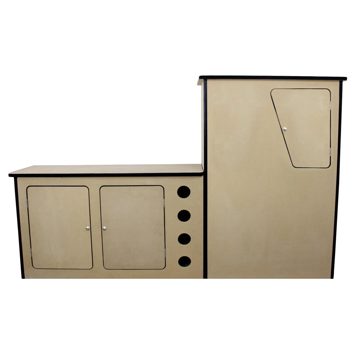 MDF camper van kitchen unit in natural wood finish, featuring a compact design with storage cabinets and circular cutouts for ventilation
