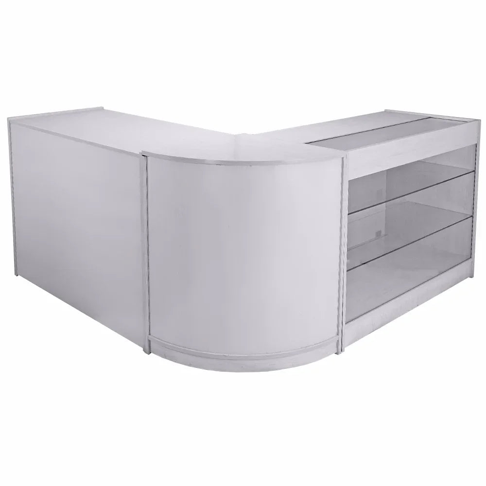 Brilliant white shop counter and retail display set featuring a sleek, modern design with glass shelves and smooth surfaces