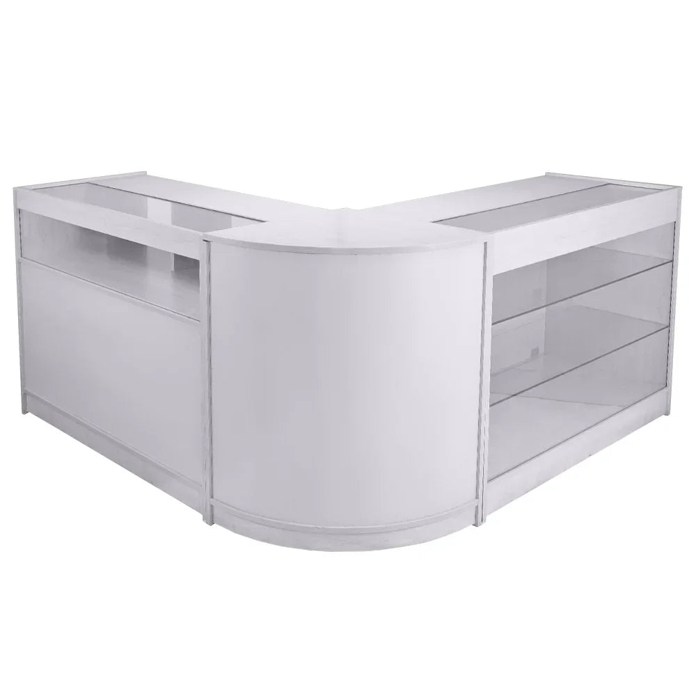 Brilliant white retail display set featuring a sleek, curved design with glass shelves and a modern, polished finish