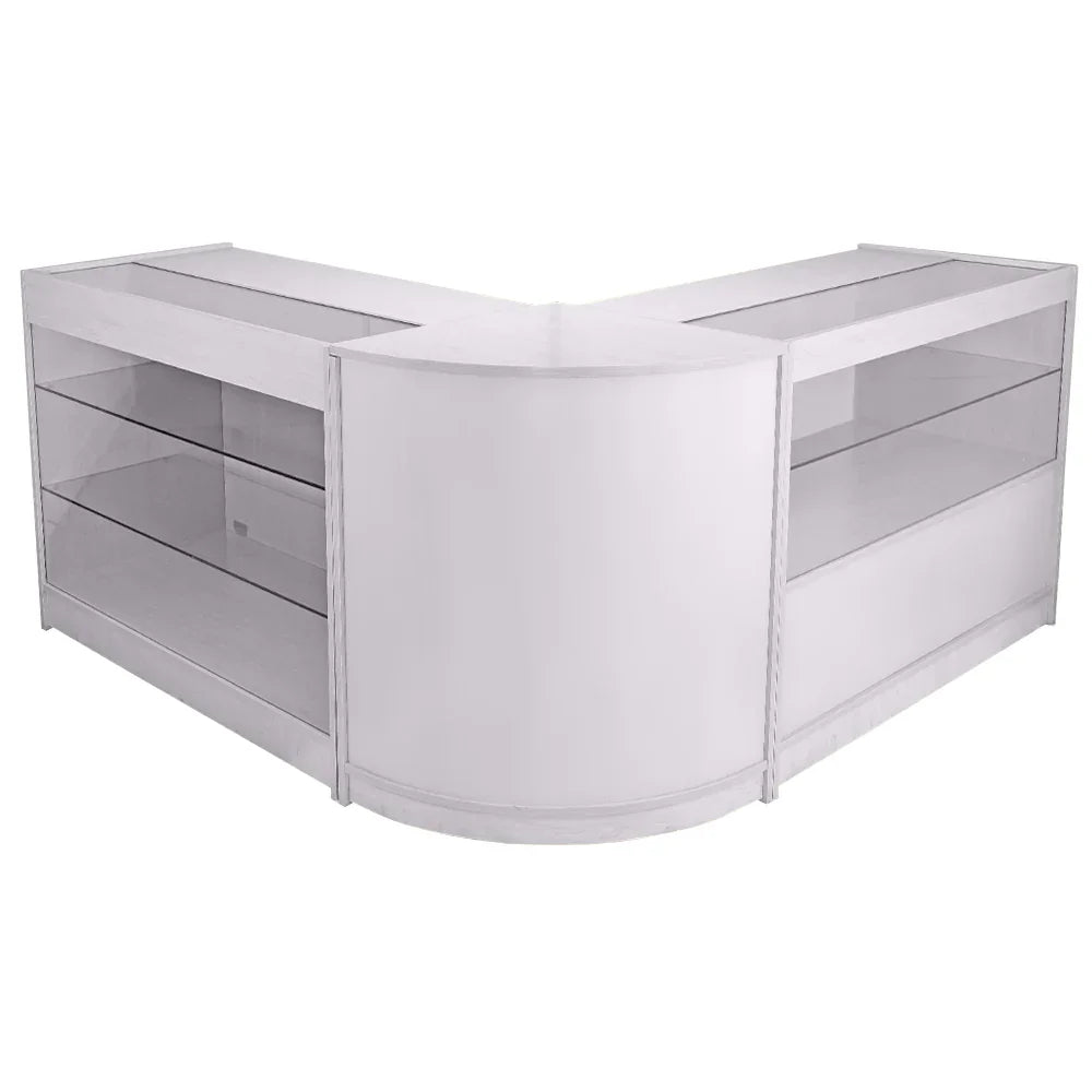 Brilliant white retail display set featuring a sleek, modern design with curved edges and glass shelves for showcasing products