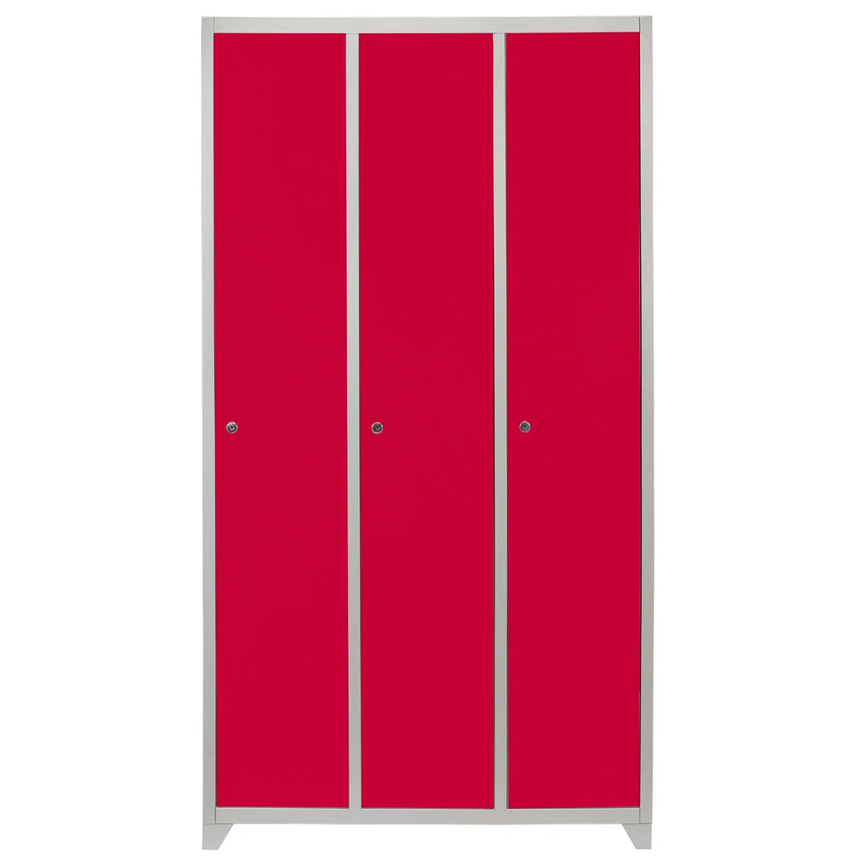 Three-door wide metal storage lockers in vibrant red with a sleek silver frame, featuring smooth surfaces and round knobs