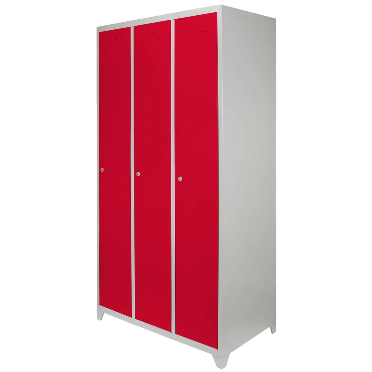 Three-door wide metal storage lockers in vibrant red with a sleek silver frame, featuring ventilation slots and secure locks