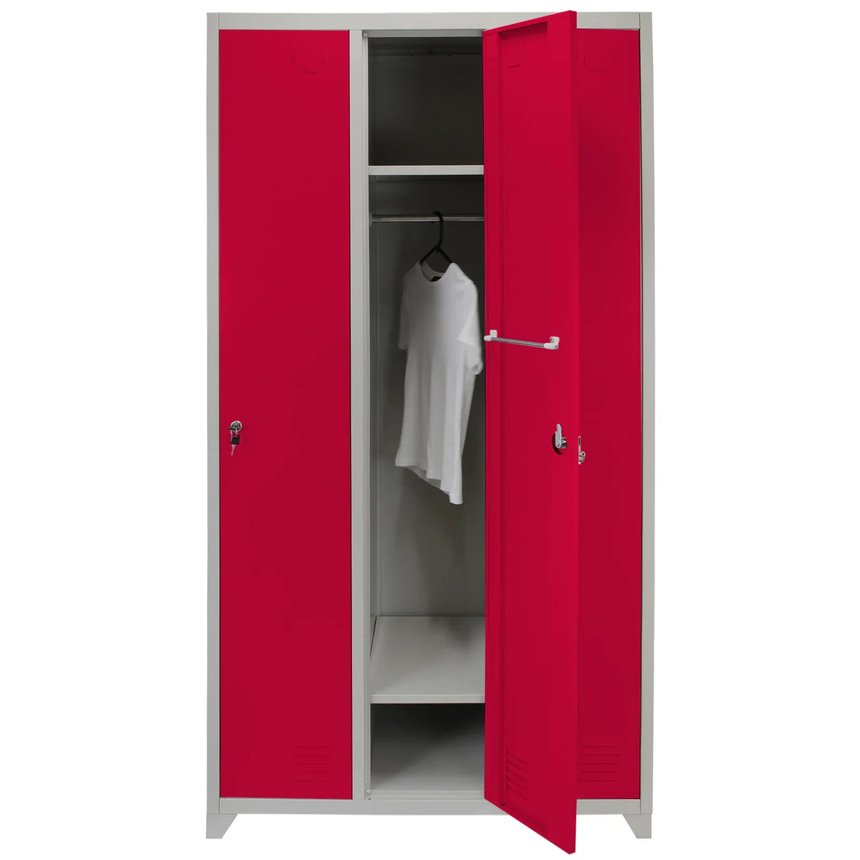 Red metal storage locker with three doors, featuring a sleek design, smooth finish, and a hanging rod inside for clothes