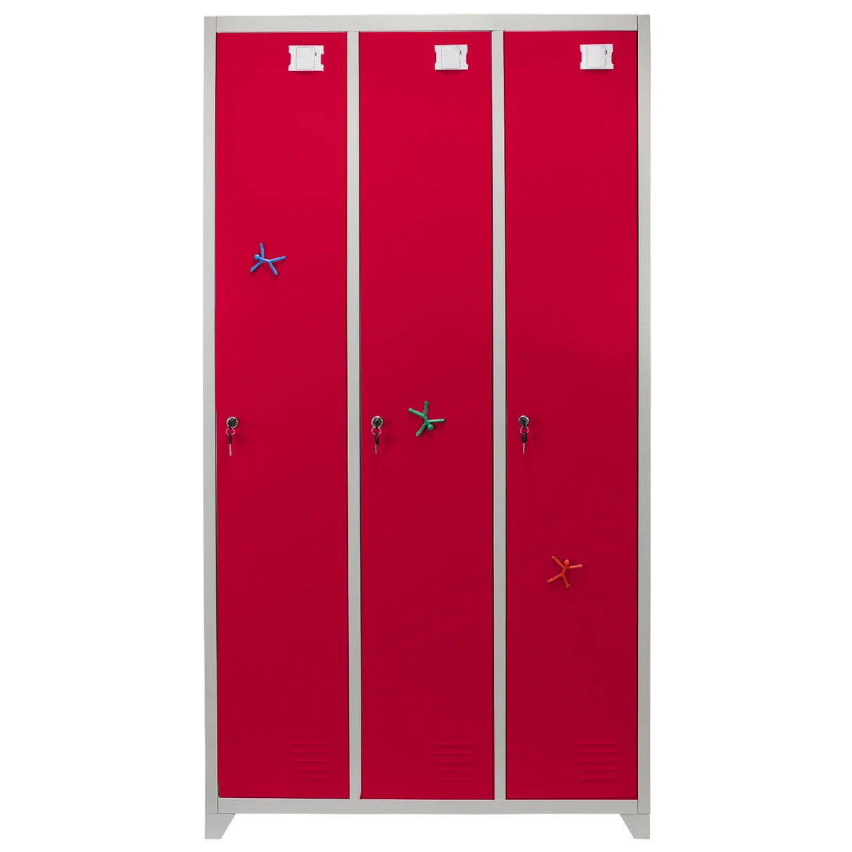 Red metal storage lockers with three doors, featuring colorful star-shaped magnets and sleek silver handles, ideal for organizing spaces