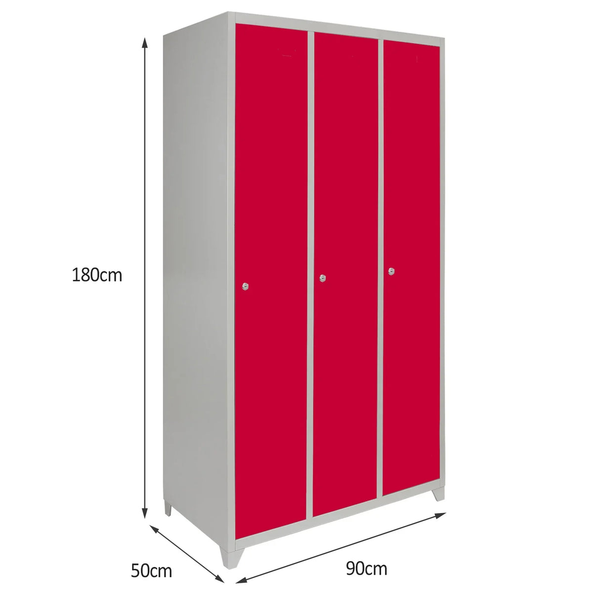 Three-door metal storage locker in vibrant red with a sleek gray frame, measuring 180cm tall, 90cm wide, and 50cm deep