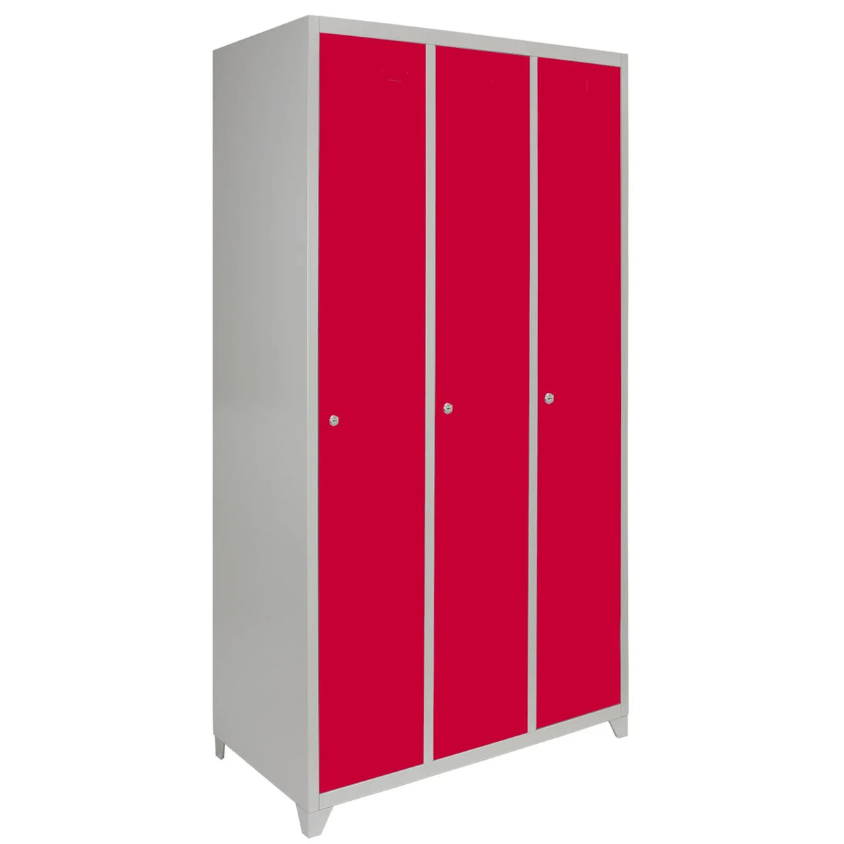 Three-door metal storage locker in vibrant red with a sleek design, featuring smooth surfaces and sturdy construction for durability