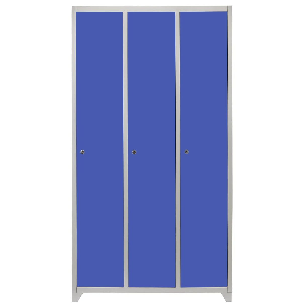 Three-door metal storage locker in vibrant blue with a sleek silver frame, featuring smooth surfaces and round metal handles