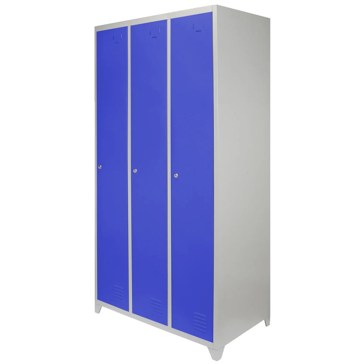 Three-door metal storage locker in blue with a sleek silver frame, featuring ventilation slots and a modern design for organization