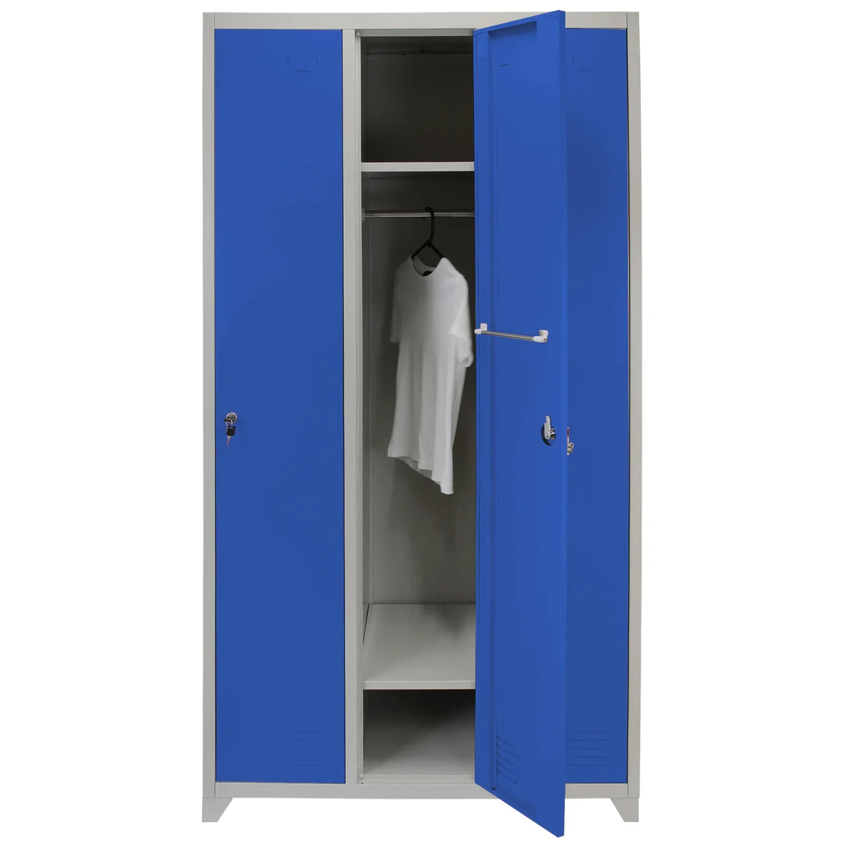 Three-door metal storage locker in vibrant blue, featuring a hanging rod and spacious interior for organizing clothing and gear