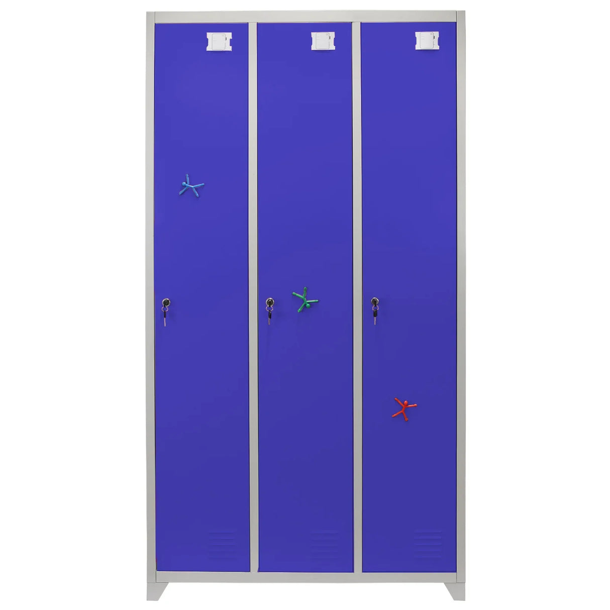Three-door metal storage lockers in vibrant blue with silver trim, featuring colorful star-shaped magnets on each door