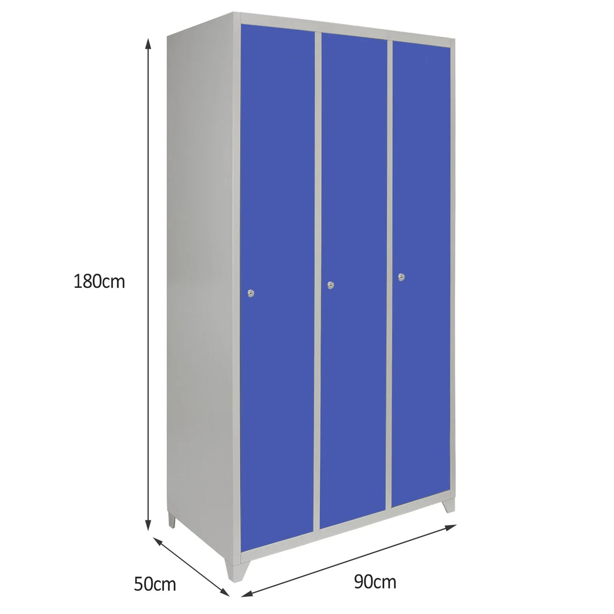 Three-door wide metal storage lockers in vibrant blue, featuring a sleek design and sturdy construction, measuring 180cm tall and 90cm wide