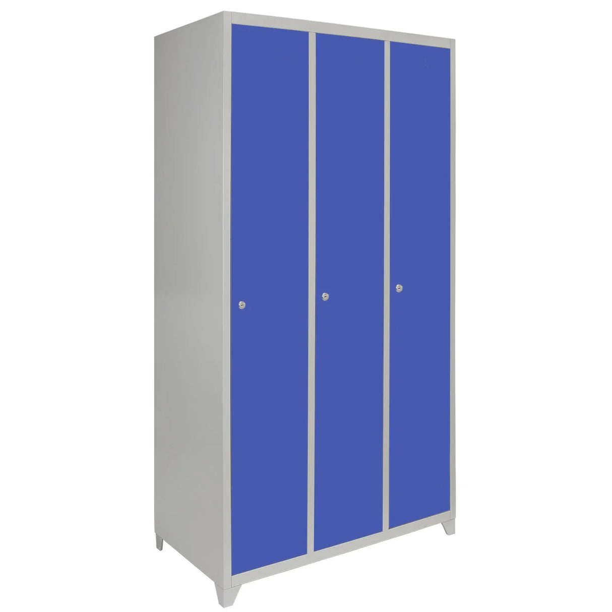 Three-door metal storage locker in vibrant blue, featuring a sleek design with a smooth finish and sturdy construction