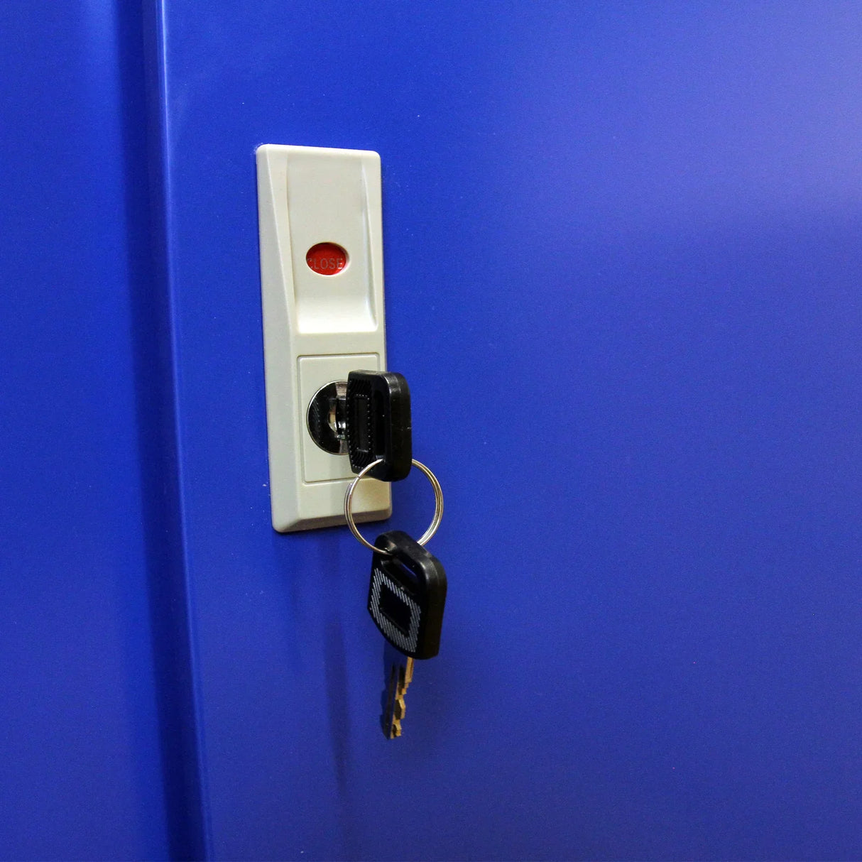Blue cigarette and vape display cabinet featuring a secure lock with keys attached, ensuring safe storage for products