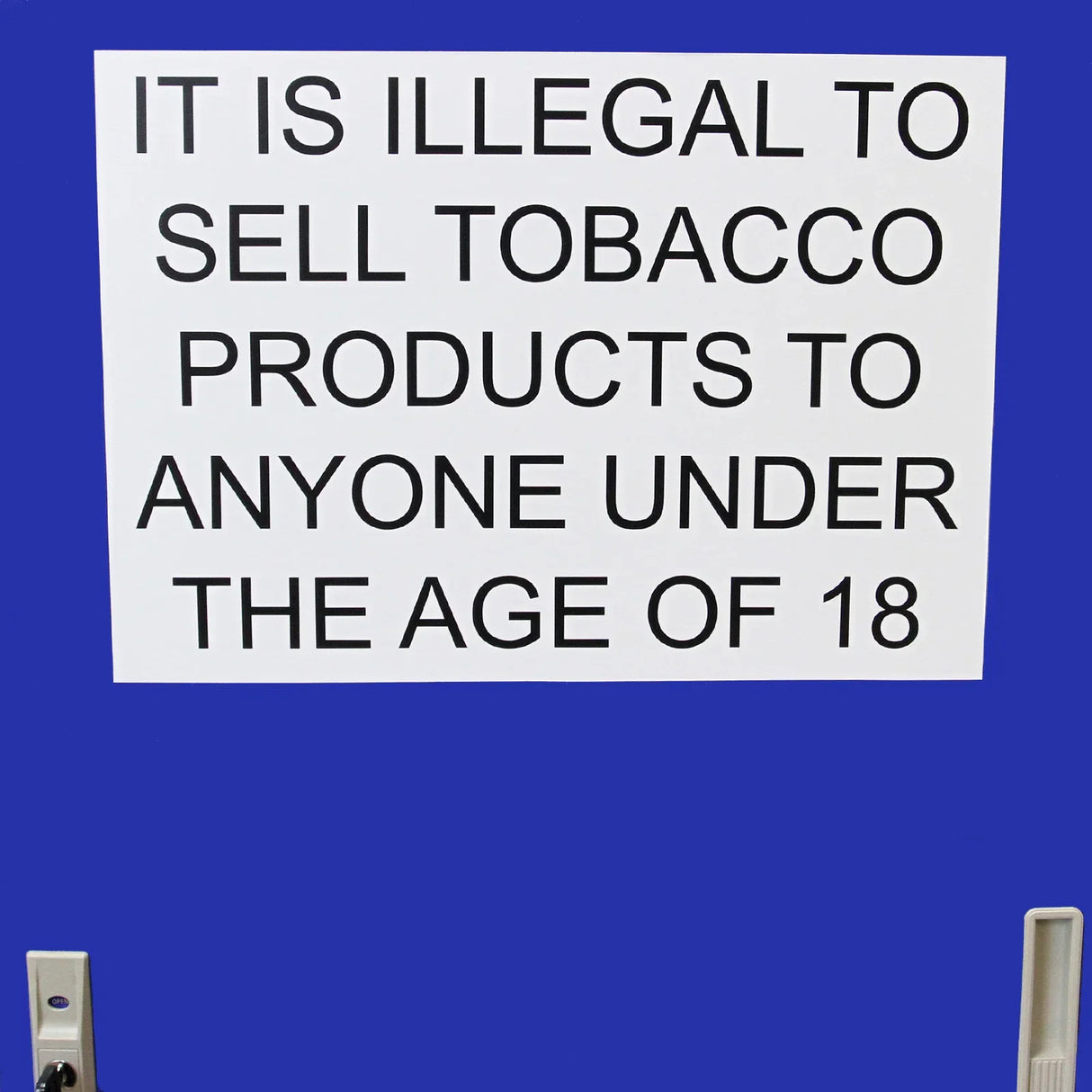 Cigarette and vape display cabinet featuring a prominent blue background with a clear warning sign about age restrictions