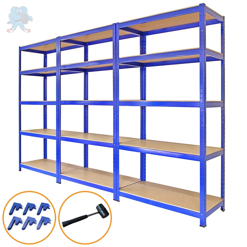 Blue metal storage shelves with five sturdy shelves, 90cm wide and 45cm deep, ideal for organizing tools and supplies