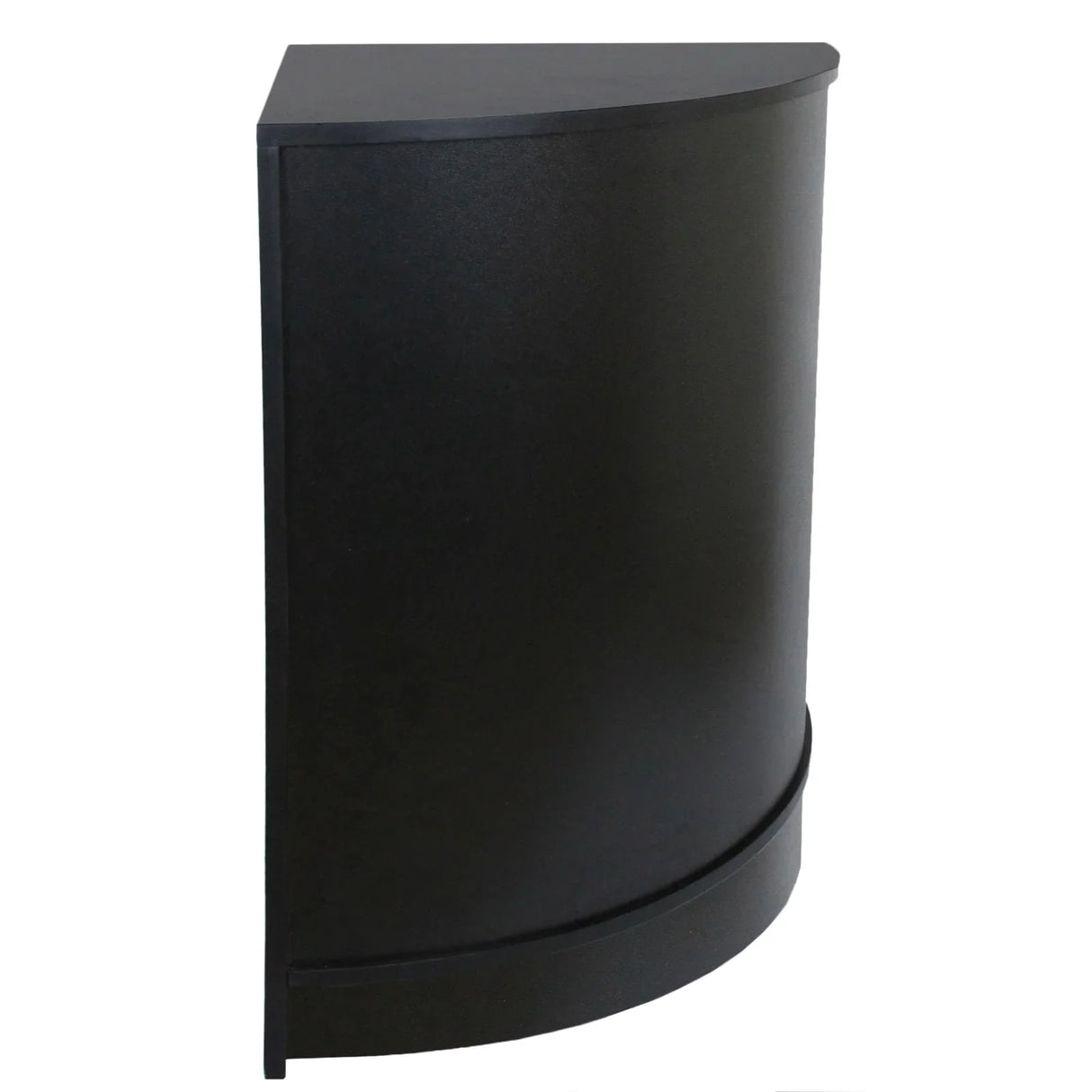 Sleek black retail shop corner counter CM60 with a smooth finish and curved design, perfect for maximizing space in stores