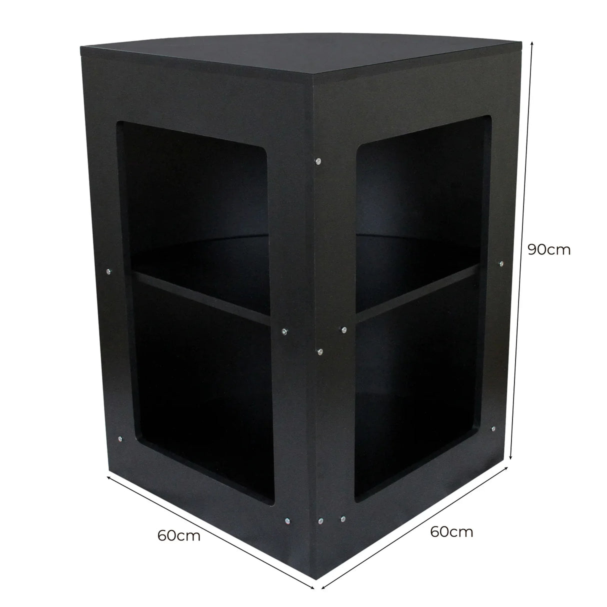 Corner retail shop counter in sleek black finish, featuring two open shelves and a modern design, measuring 60cm by 90cm