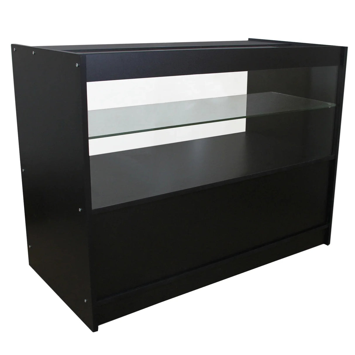 Black C1200 shop counter featuring a sleek design, glass shelf, and sturdy construction, ideal for retail displays and checkouts
