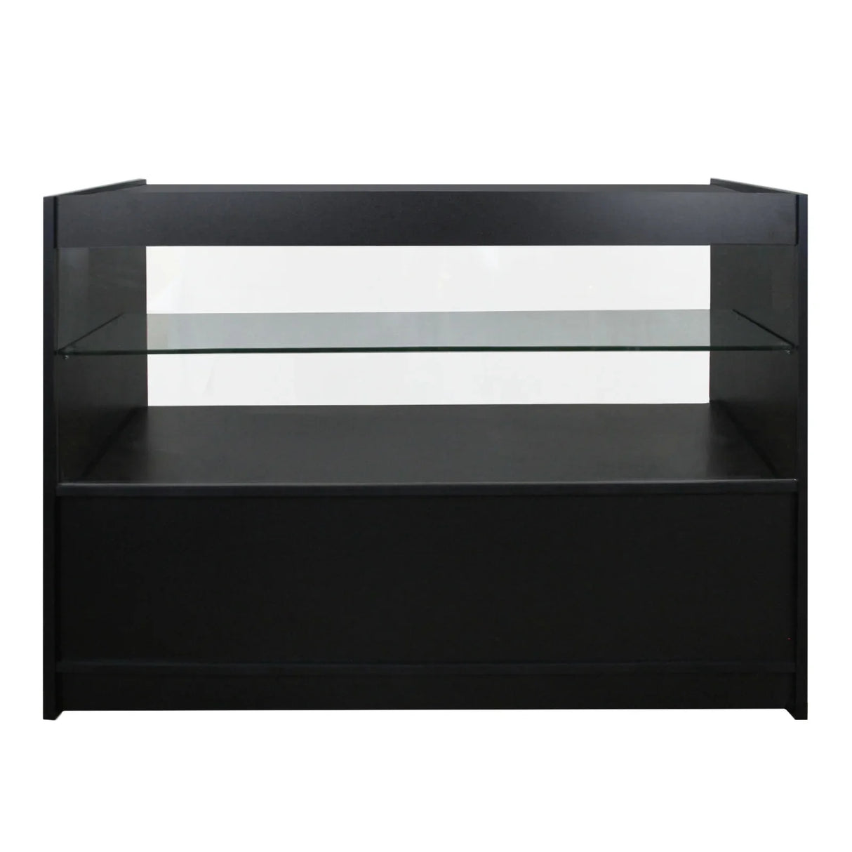 C1200 black shop counter featuring a sleek design, glass display shelf, and sturdy base, ideal for retail environments