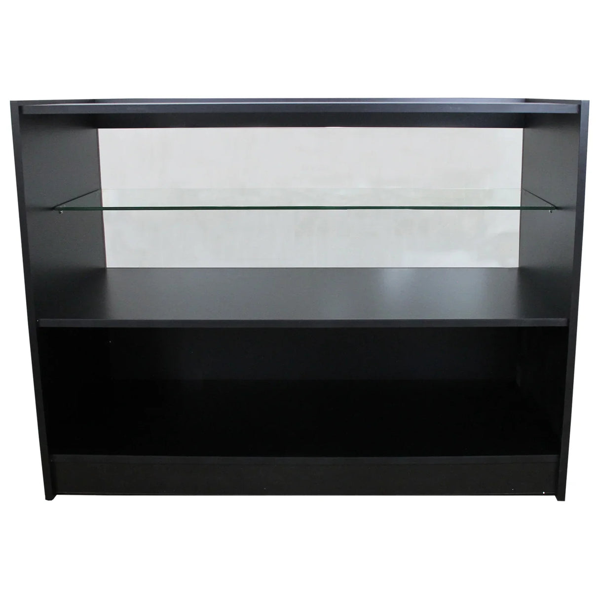 C1200 black shop counter featuring a sleek design, glass shelf, and spacious lower storage area for retail display and organization