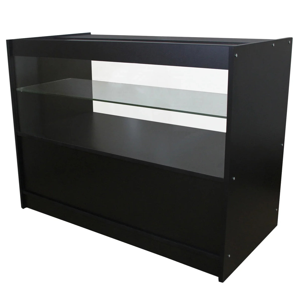 Black and white retail shop counter with sleek design, featuring a glass shelf and sturdy base for displaying merchandise