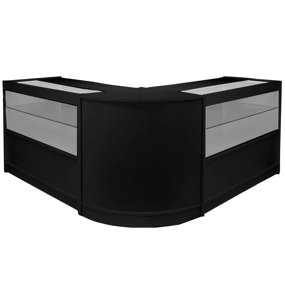 Gemini Counter C1200 in sleek black, featuring curved design, glass display sections, and a modern finish for retail spaces