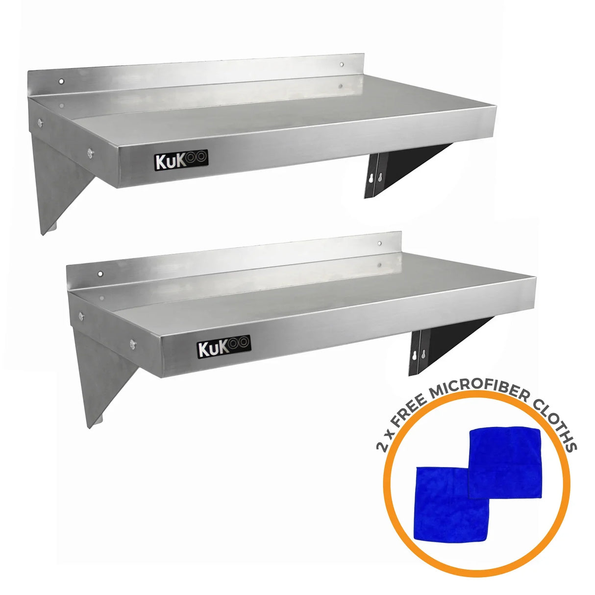 Two KuKoo stainless steel shelves, 900mm x 300mm, featuring a sleek, brushed finish and sturdy brackets, with two blue microfiber cloths included