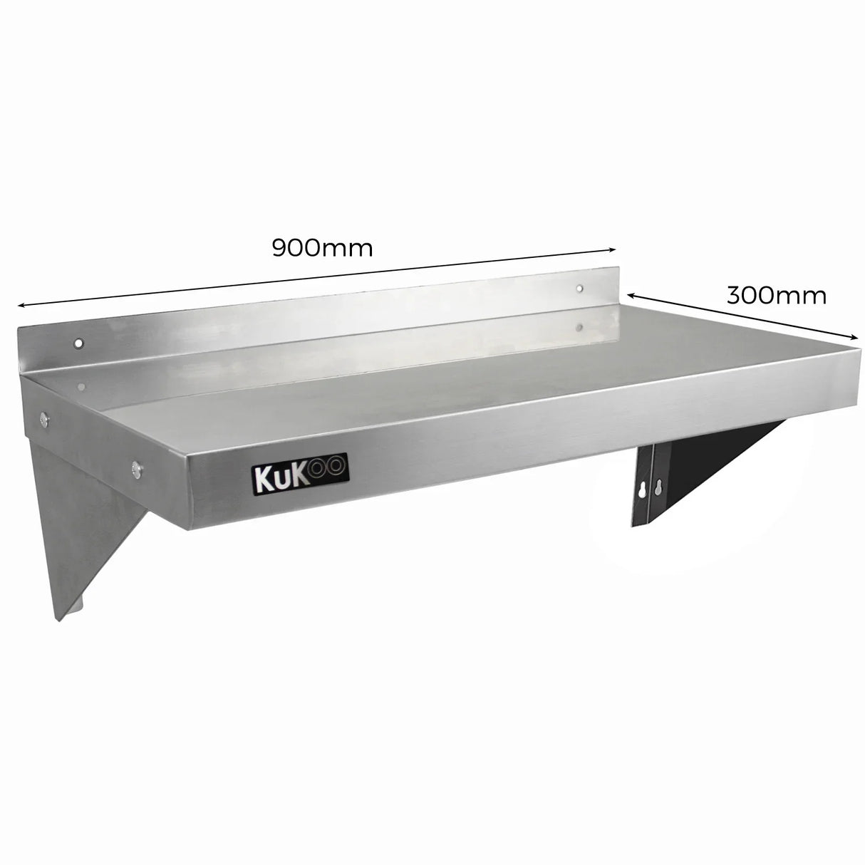 KuKoo stainless steel shelf, 900mm x 300mm, featuring a sleek surface, sturdy brackets, and a modern design ideal for kitchens or storage
