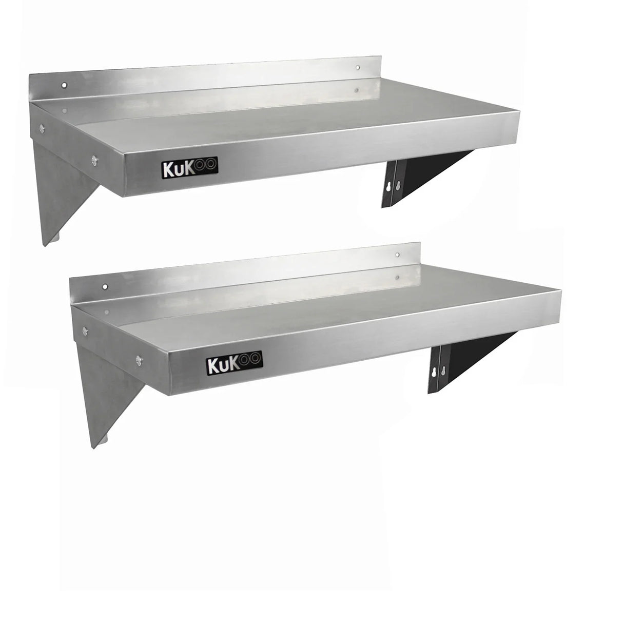 Stainless steel shelves by KuKoo, 900mm x 300mm, featuring a sleek, brushed finish and sturdy black brackets for easy mounting