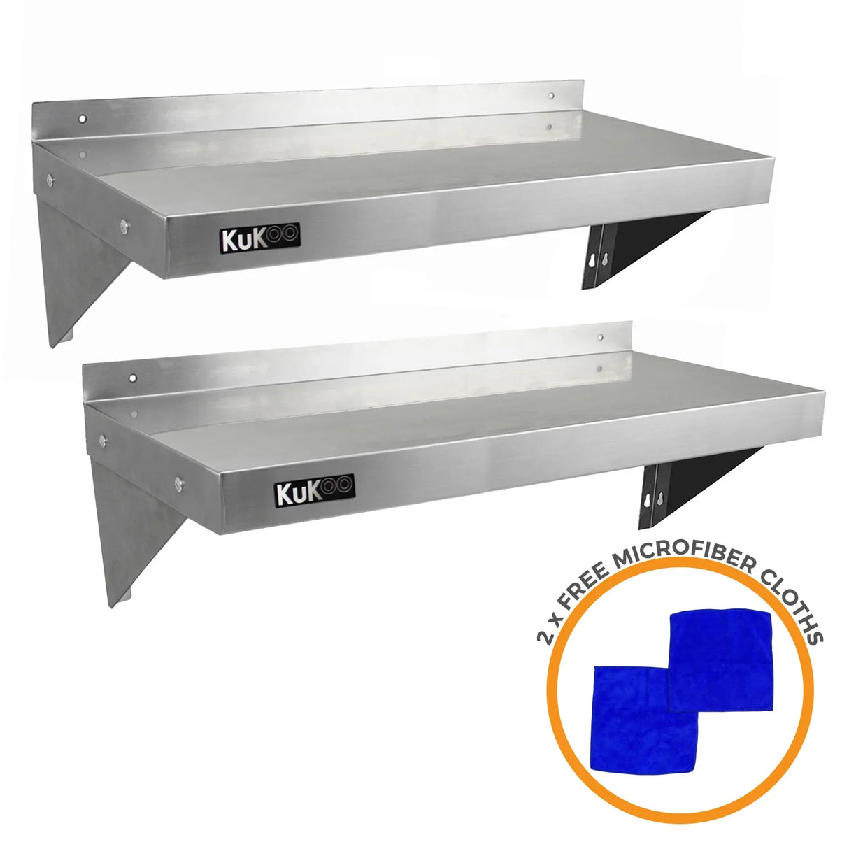 KuKoo stainless steel shelves, 1000mm x 300mm, featuring a sleek, polished surface and sturdy brackets, includes 2 free microfiber cloths