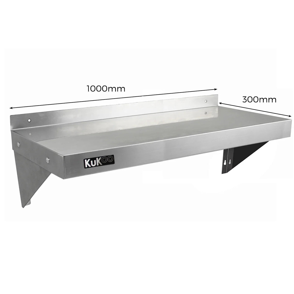 KuKoo stainless steel shelf, 1000mm x 300mm, featuring a sleek, polished surface and sturdy wall-mounted brackets for durability