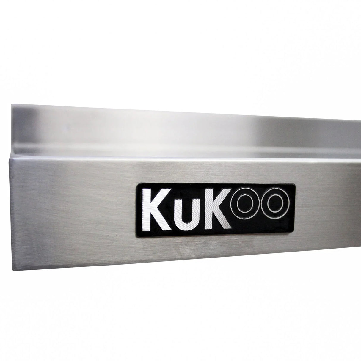 KuKoo stainless steel shelf with a sleek, brushed finish, featuring a sturdy design and logo, ideal for kitchen or storage use